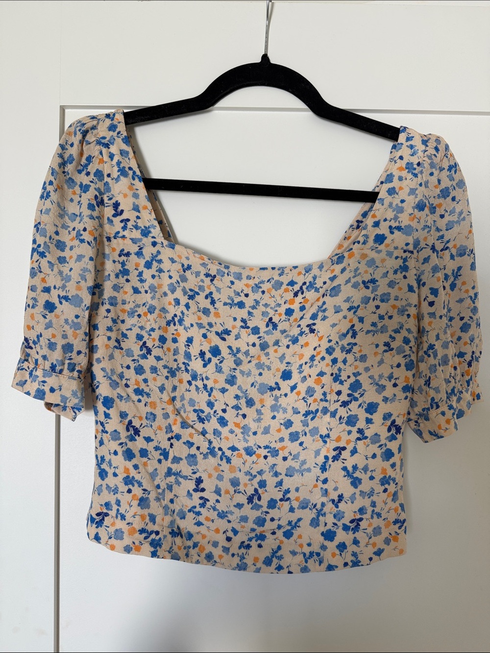 Favorite Daughter Floral Square-Neck Crop Top in Beige and Blue